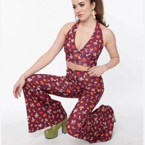 NWT Smak Parlour | Purple 1970S Pumpkin & Mushrooms Find Your Flare Pants | S/4 - Picture 1 of 5